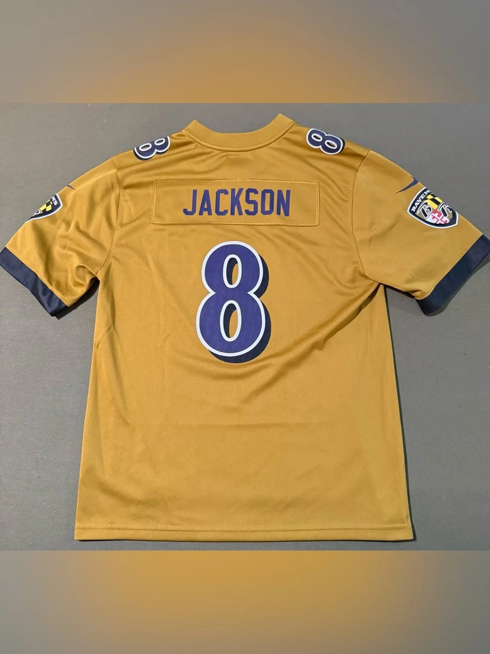 Nike Baltimore Ravens #8 Gold and Purple Jersey boys Large.